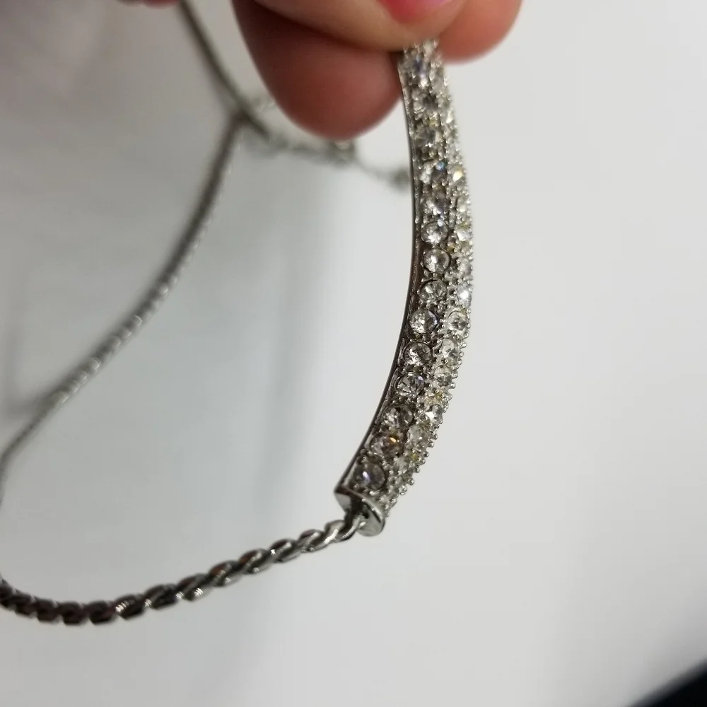 silver tone rope chain collar necklace with pave rhinestone crescent